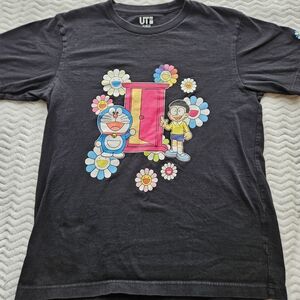 Uniqlo Black Tee with Vibrant Cartoon and Floral Design
